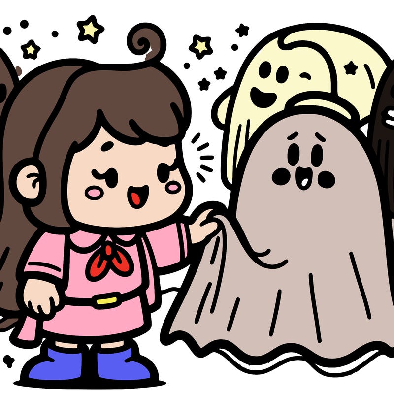 there was a little ghost that was scared of people around her. a girl was taking care of her, and the little ghost was so happy.