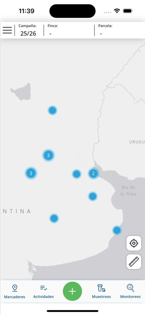 Auravant Fields - Map interface of the Auravant Fields app displaying field locations and monitoring tools