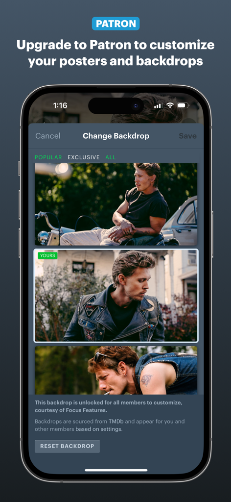 Patron 멤버를 위한 배경 이미지 사용자 지정 기능을 보여주는 Letterboxd 앱 화면