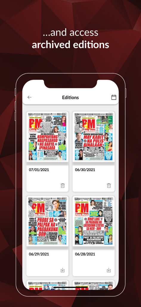 Pang Masa - Pang Masa app screen showing a grid of archived newspaper editions with dates.