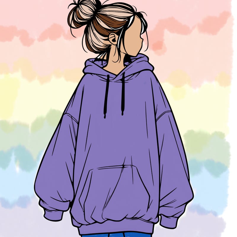 realistic girl with a oversized sweatshirt on and a bun