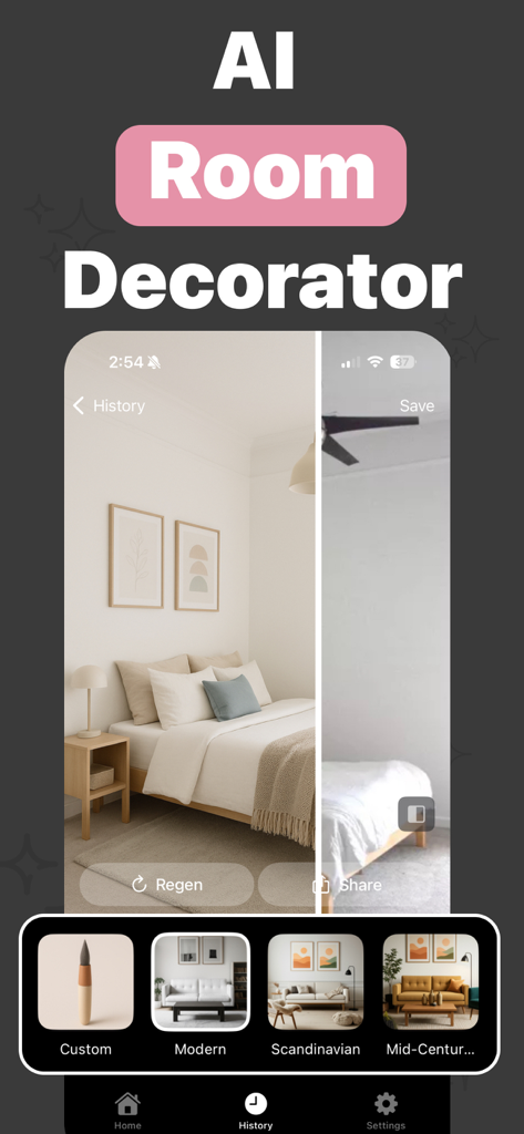A split-screen view in the Decorist app showing a bedroom before and after AI transformation with various interior design style options.