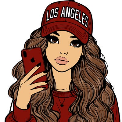 realistic beautiful girl wearing los ángeles cap holding an iphone