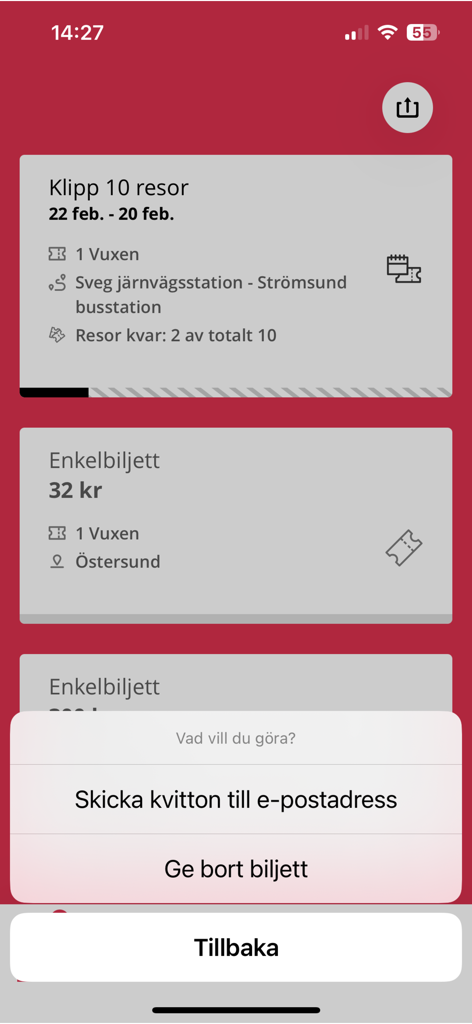 Länstrafiken Jämtland - Länstrafiken Jämtland app screen showing public transit tickets and options for sharing receipts or gifting tickets