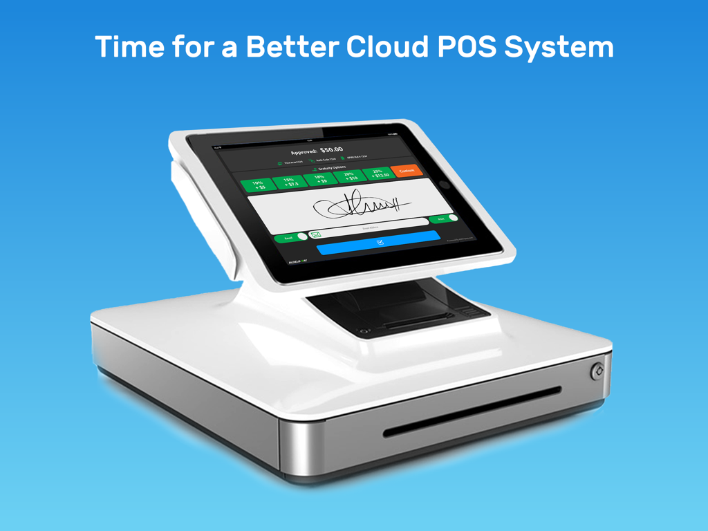 Aldelo Express - Point of Sale - Sistema POS en la nube Aldelo Express en un iPad mostrando una firma digital y pantalla de propina para pagos de restaurante