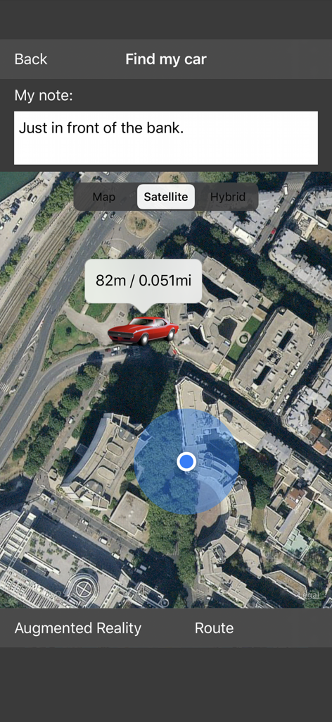 Find My Car - Satellite map view in the Find My Car app showing parked car location with distance and user notes