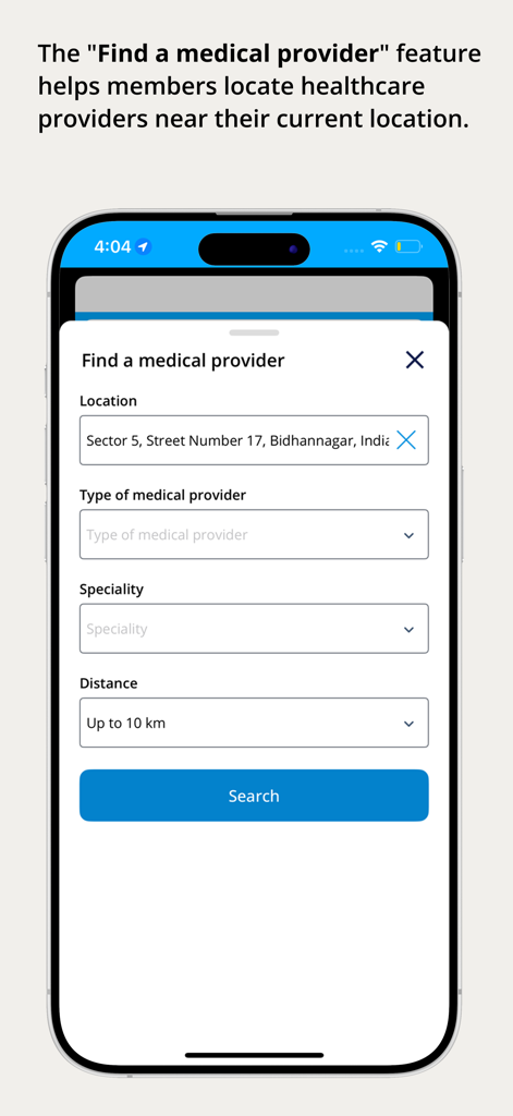 Cosmos Insurance app search interface for finding healthcare providers by location and specialty