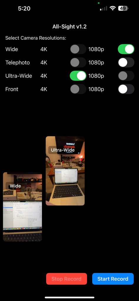 All-Sight - All-Sight app interface showing multi-camera resolution settings and recording buttons