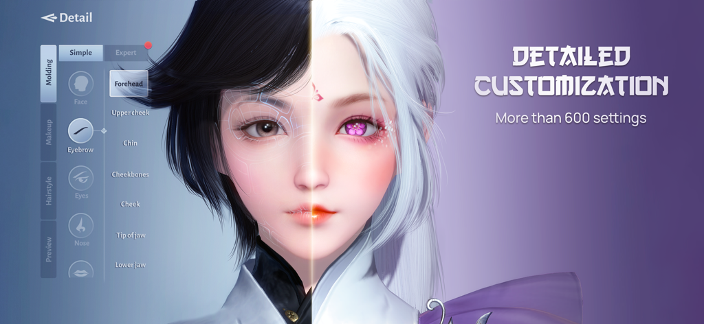 Detailed character customization interface in Moonlight Blade Mobile showing facial editing features and over 600 settings.