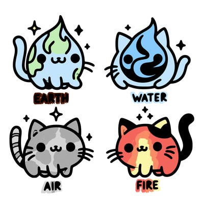 4 cats that represent the different elements, earth, water, air, and fire