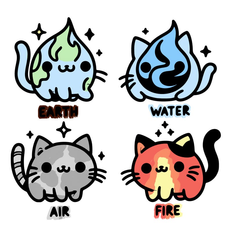 4 cats that represent the different elements, earth, water, air, and fire