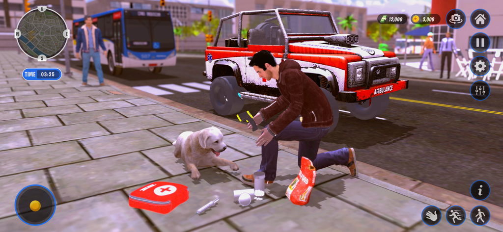 Animal Shelter Pet Dog Rescue - Un personaggio di gioco che utilizza un kit medico per curare un cane randagio sul marciapiede di una città vicino a un veicolo di soccorso.