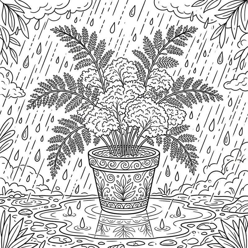 Discover tranquility with this intricate Asparagus Fern coloring page, set against a soothing rainy day backdrop. This charming illustration offers a delightful escape into nature's gentle beauty, perfect for a moment of creative calm.