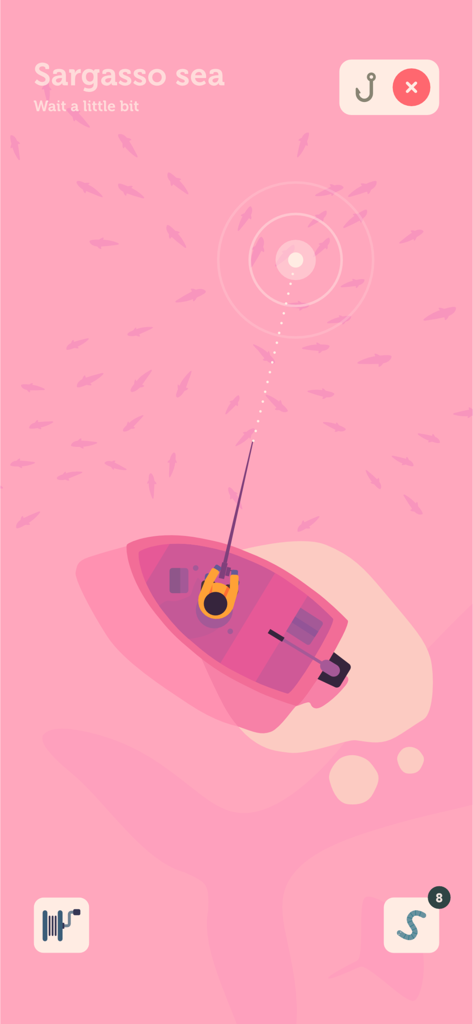 1sland - Top down view of a character fishing from a boat in the pink Sargasso Sea in the 1sland app