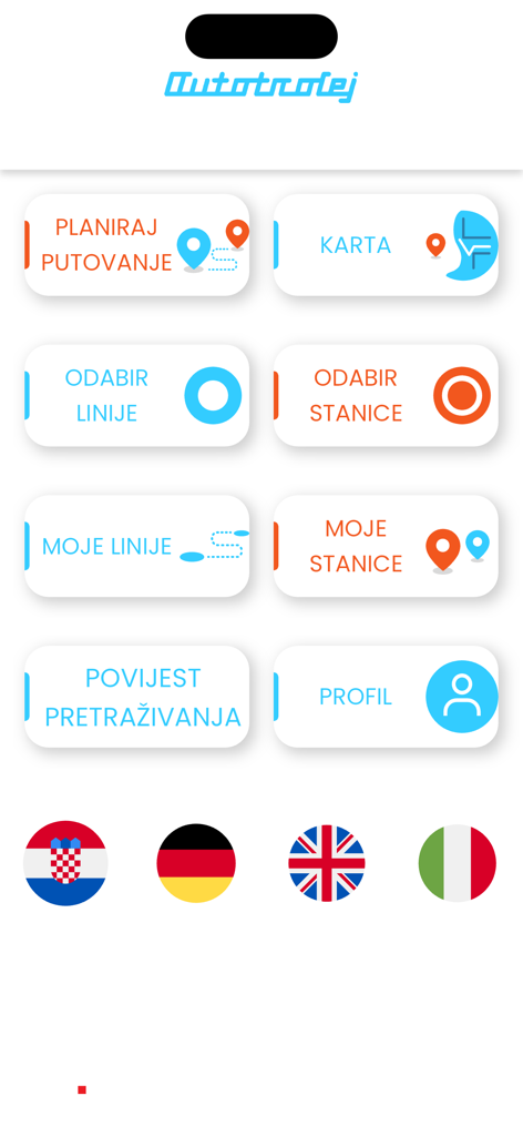 SIP Autotrolej - Hauptmenü der ÖPNV-App SIP Autotrolej mit Navigationsoptionen und Flaggen zur Sprachauswahl