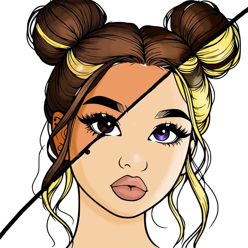 realistic girl with two buns on her hair and lips