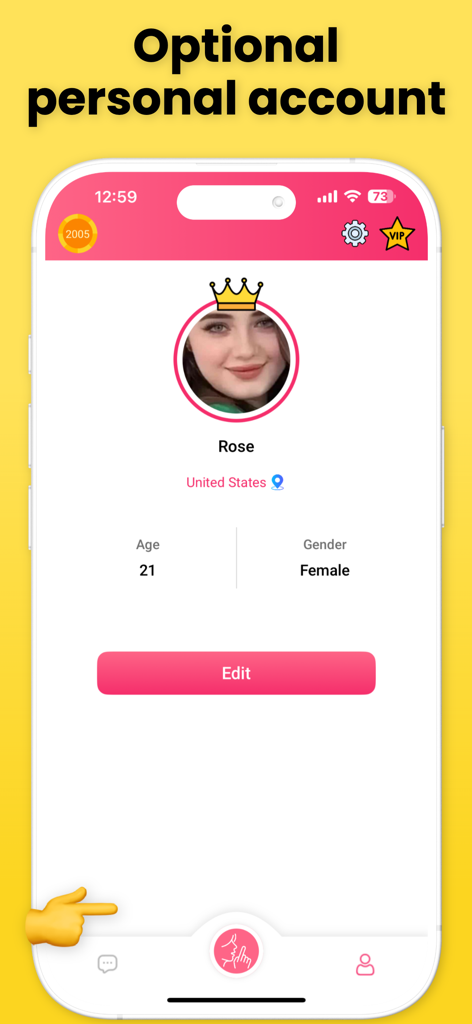 Mobile app interface showing an optional user profile screen with name age and location details