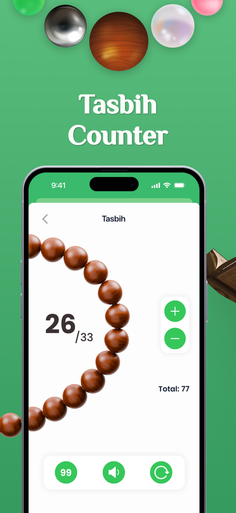 Une interface de compteur de Tasbih numérique sur un téléphone mobile affichant des perles de prière et une progression de comptage de vingt-six sur trente-trois.