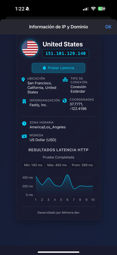 App screenshot showing IP address information and HTTP latency test results