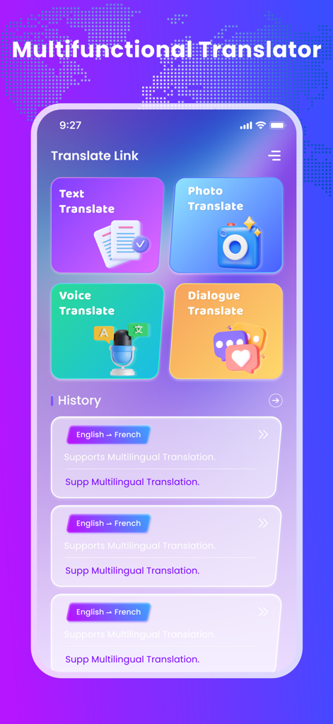 Main interface of Lya Translate app showing options for text photo voice and dialogue translation
