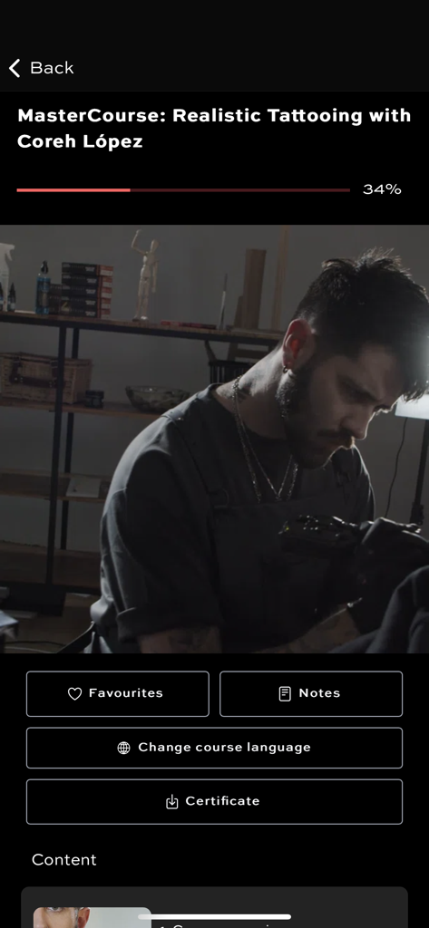 Interface of the 10 Masters app showing a realistic tattooing course by Coreh Lopez with a video lesson and progress bar.