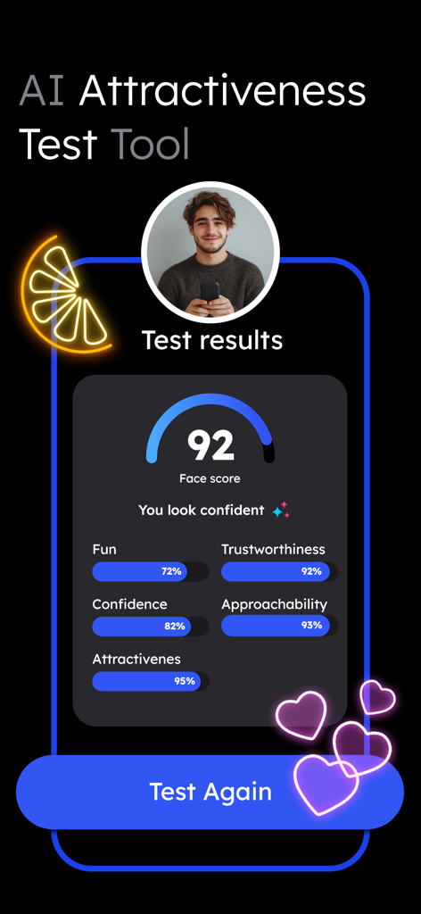 Vidqu Video & Photo Face Swap - AI Attractiveness Test interface showing a face score and personality ratings like confidence and trustworthiness