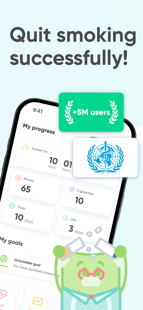 Kwit app dashboard showing smoking cessation progress money saved and WHO validation badge