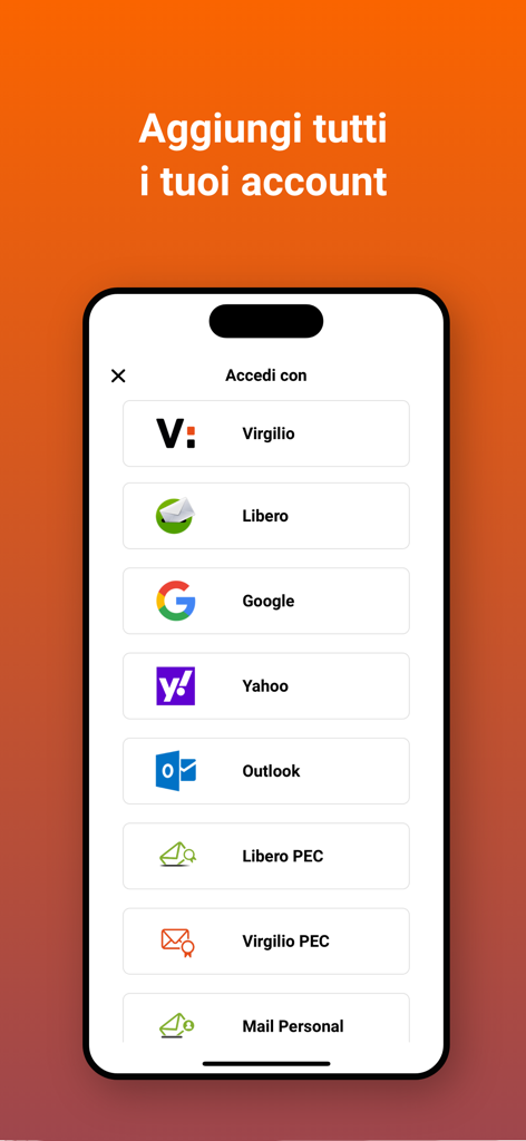 Interface do aplicativo Virgilio Mail mostrando opções para adicionar várias contas de e-mail, incluindo Virgilio Libero Google e PEC