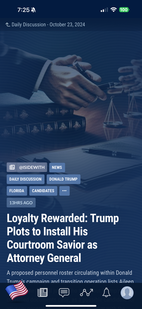 Screenshot of a political news article in the iSideWith app about a candidate's personnel choices
