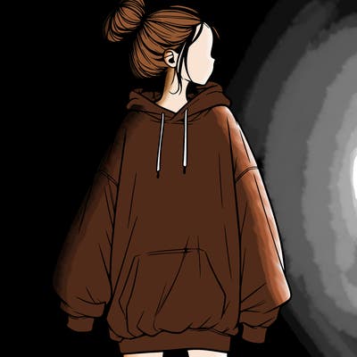 realistic girl with a oversized sweatshirt on and a bun