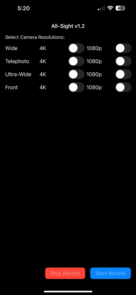 All-Sight - Settings screen of the All-Sight app showing multi-camera resolution options for recording video.