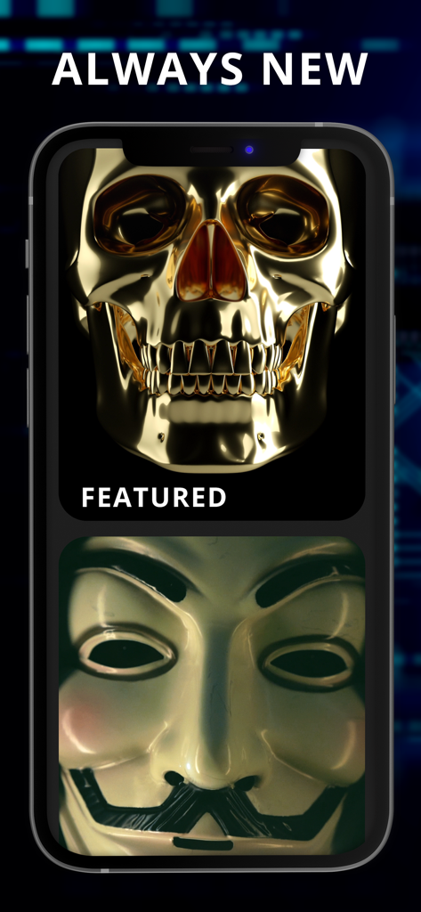 The Best 3D Live Wallpaper - Un smartphone mostrando fondos de pantalla animados 3D destacados de una calavera dorada y una máscara.