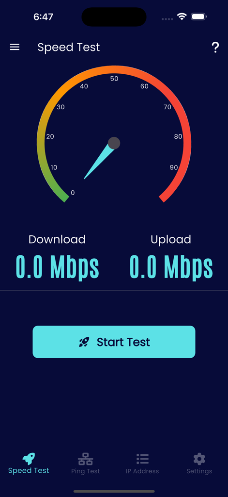 Speed Internet Test app dashboard with a speed gauge and start test button