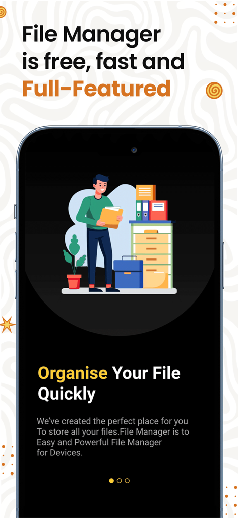 Una pantalla de presentación de la aplicación Gestores de Archivos promocionando una organización de archivos rápida y completa con una ilustración profesional