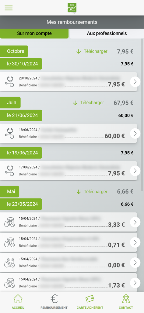 Interface of the MGEN Solutions app showing a history of medical insurance reimbursements and claim amounts