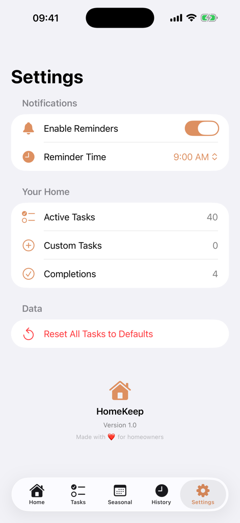 Settings menu of the HomeKeep app showing reminder options and task statistics