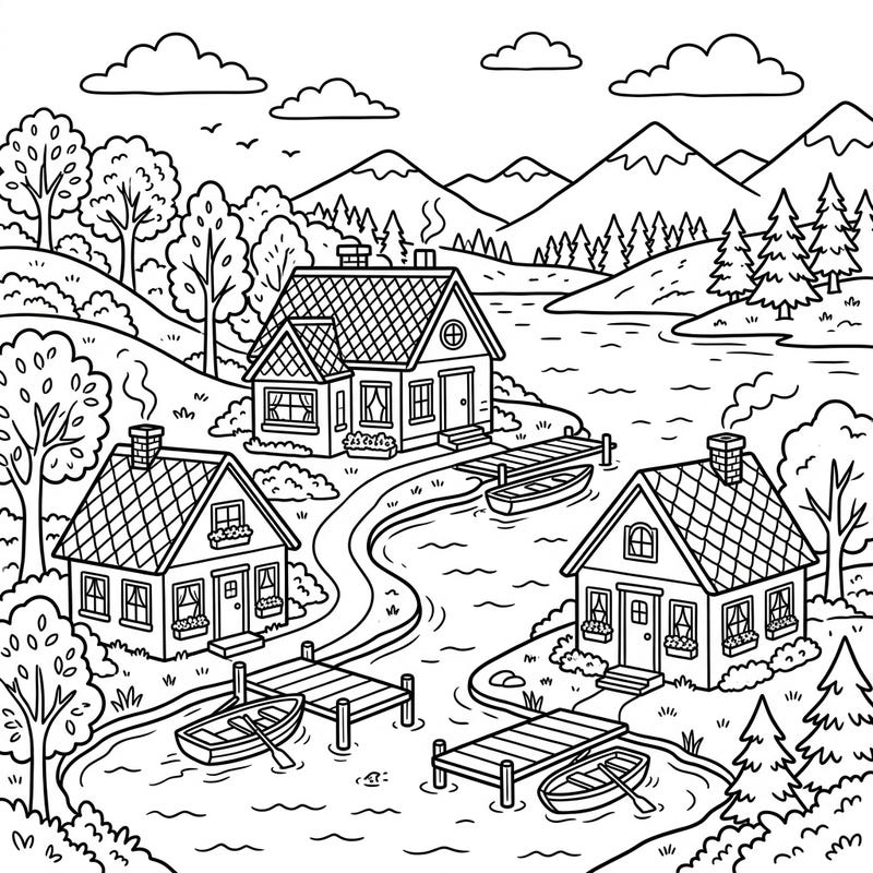 Journey to a serene lakeside retreat with this charming coloring page, specially crafted for young artists. Featuring cozy cottages, boats, and beautiful natural scenery, it invites children to bring a peaceful waterside scene to life.