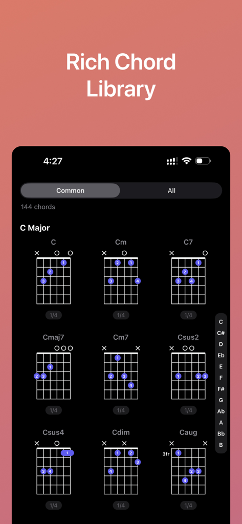So.Tee - So.Tee app guitar chord library displaying various chord diagrams and finger positions