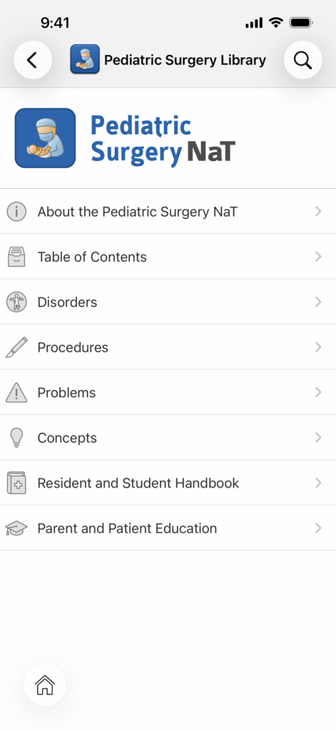Main menu of the APSA Pediatric Surgery Library app featuring categories like Disorders, Procedures, and Resident Handbook