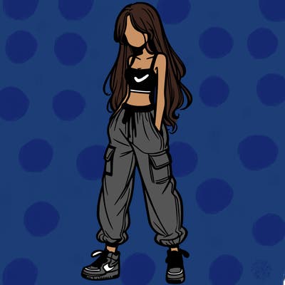 girl in baggy pants crop top and long hair