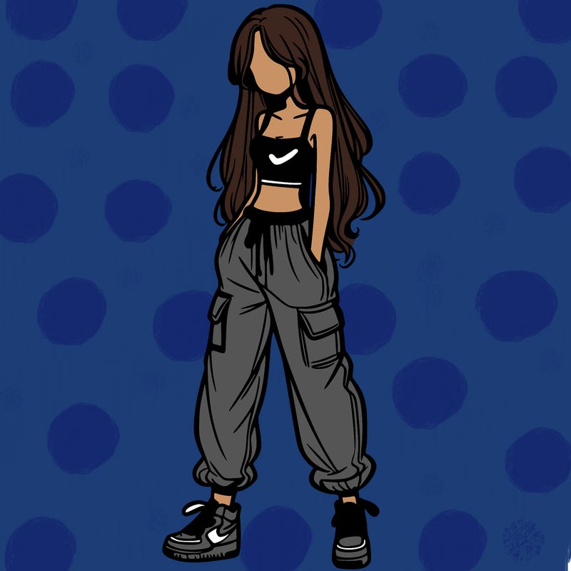 girl in baggy pants crop top and long hair