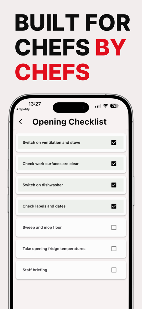 Leafe - O aplicativo Leafe exibindo um checklist digital de abertura de cozinha com o slogan Criado para Chefs Por Chefs.