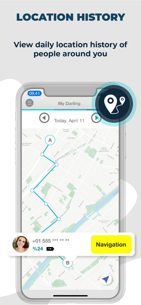 Interface of the Find Loca app showing a detailed map path of a family member's daily location history