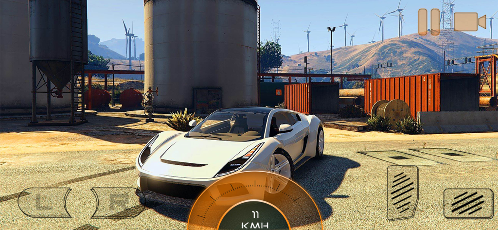 Meta Car Simulator 2024 - Carro esportivo branco em uma área industrial com turbinas eólicas no Meta Car Simulator 2024