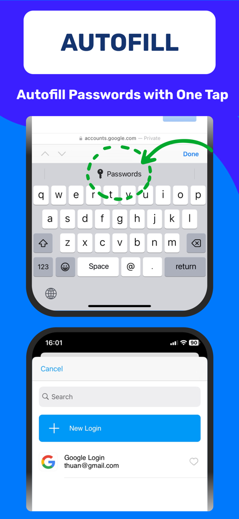Authenticator App 2FA - Un écran d'iPhone démontrant la fonction de remplissage automatique de mot de passe en un clic de l'application Authenticator 2FA