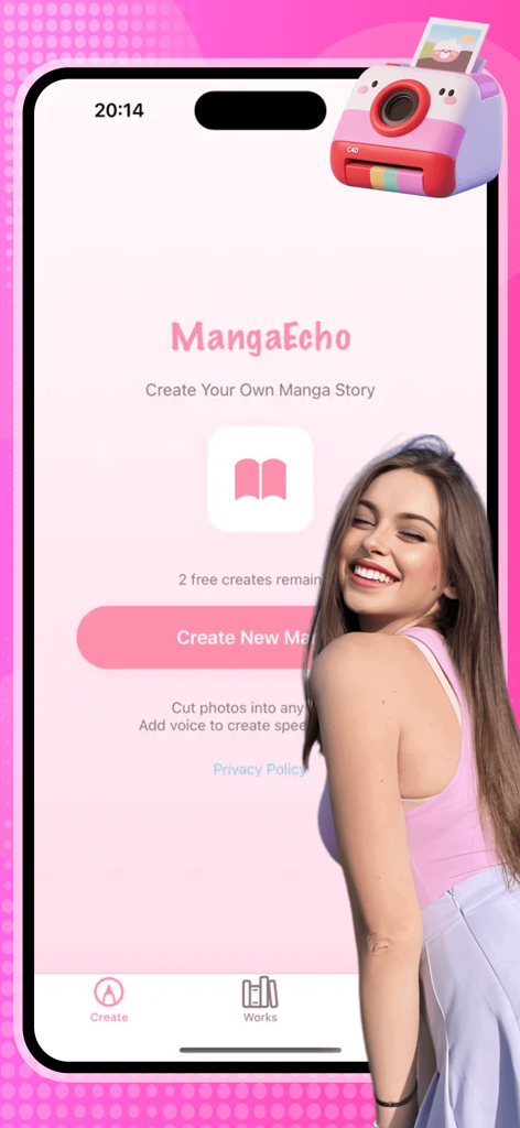 Home screen of the Mafoo app featuring the Create Your Own Manga Story interface with a pink design and a smiling girl illustration.