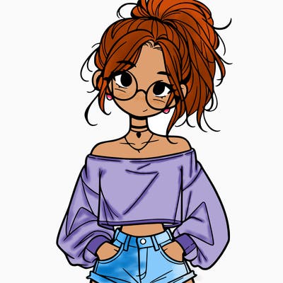 girl with a messy ponytail glasses a baggy crop top and jean shorts