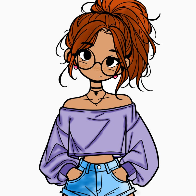 girl with a messy ponytail glasses a baggy crop top and jean shorts
