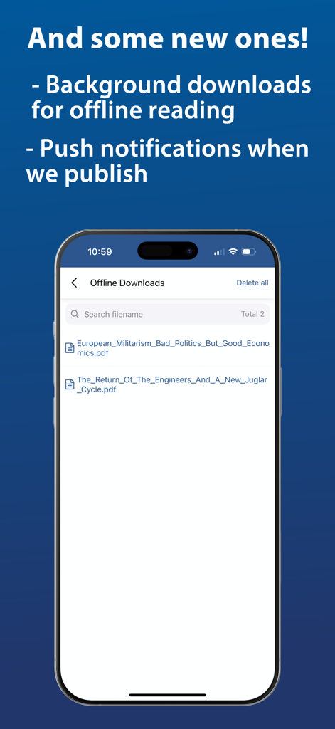 Gavekal - Gavekal app interface showing background downloads for offline reading of financial research reports