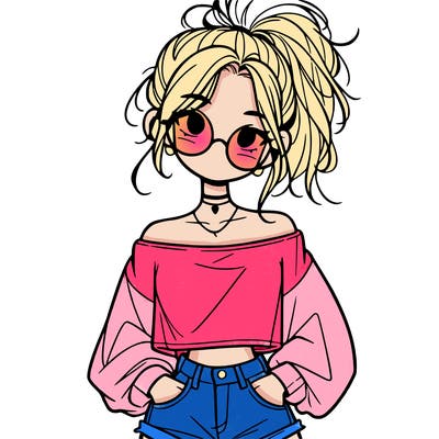 girl with a messy ponytail glasses a baggy crop top and jean shorts